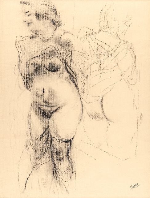 George Grosz | Naakt met spiegelbeeld, houtskool op papier, 62,0 x 47,0 cm, gesigneerd r.o. met naamstempel en te dateren 1939