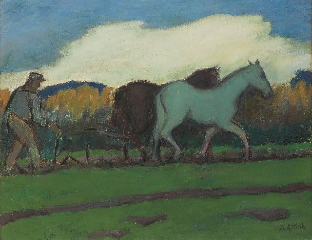 Jan Altink | Ploegende boer, wasverf op doek, 55,0 x 70,1 cm, gesigneerd r.o en te dateren ca. 1924-1928
