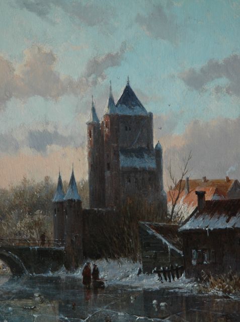 Adrianus Eversen | Winters gezicht op de Amsterdamse Poort in Haarlem, olieverf op paneel, 19,1 x 14,8 cm, gesigneerd r.o. met monogram