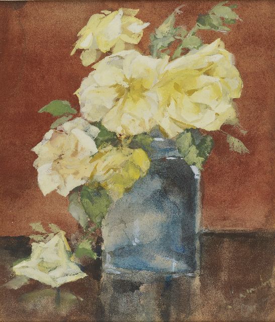 Menso Kamerlingh Onnes | Glazen vaas met rozen, potlood en aquarel op papier, 25,3 x 21,1 cm, gesigneerd r.o. en te dateren ca. 1885