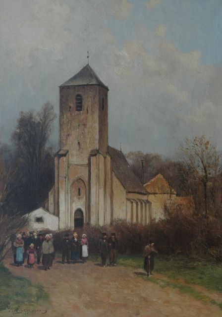 Piet Schipperus | Het uitgaan van de Grote Kerk in Lisse, olieverf op doek, 40,8 x 29,3 cm, gesigneerd l.o.