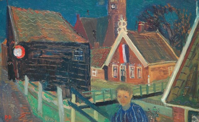 Dirk Breed | Huizen in Kolhorn, olieverf op board, 26,4 x 40,6 cm, gesigneerd l.o. met initialen