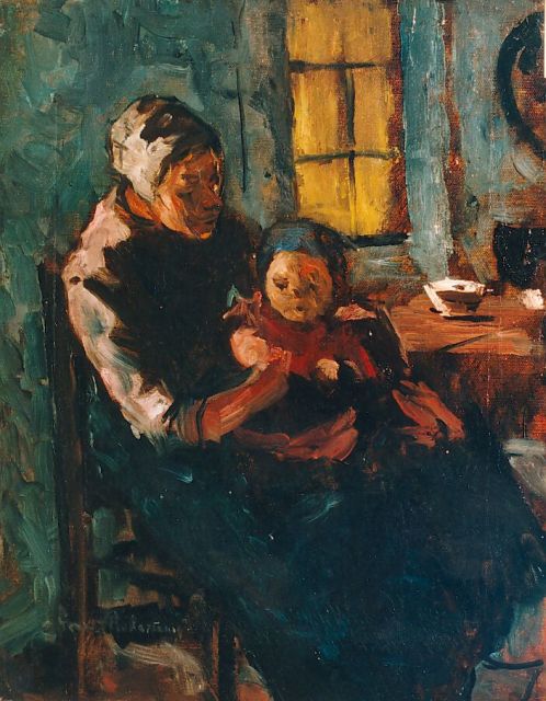 Suze Robertson | Moeder met kind op schoot, olieverf op doek, 40,0 x 32,0 cm, gesigneerd l.o.