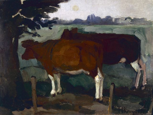Herman Kruyder | Twee koeien onder een boom, olieverf op doek, 29,8 x 39,2 cm, gesigneerd r.o.