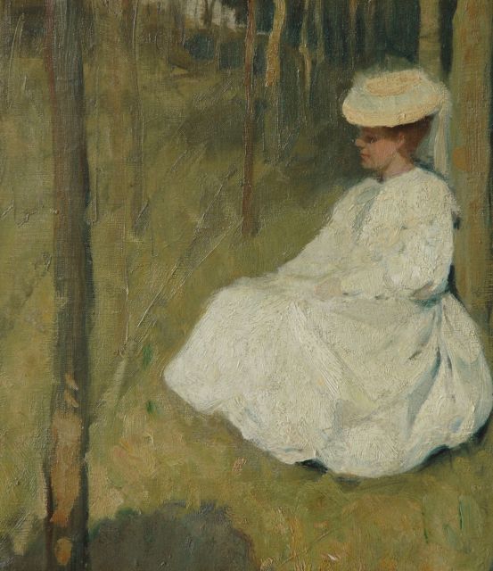 Alfred Jonniaux | Zittende dame in een park, olieverf op doek, 34,3 x 30,3 cm