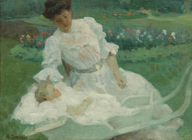 Alfred Jonniaux | Moeder met kind in de tuin, olieverf op doek op paneel, 29,6 x 40,0 cm, gesigneerd l.o.