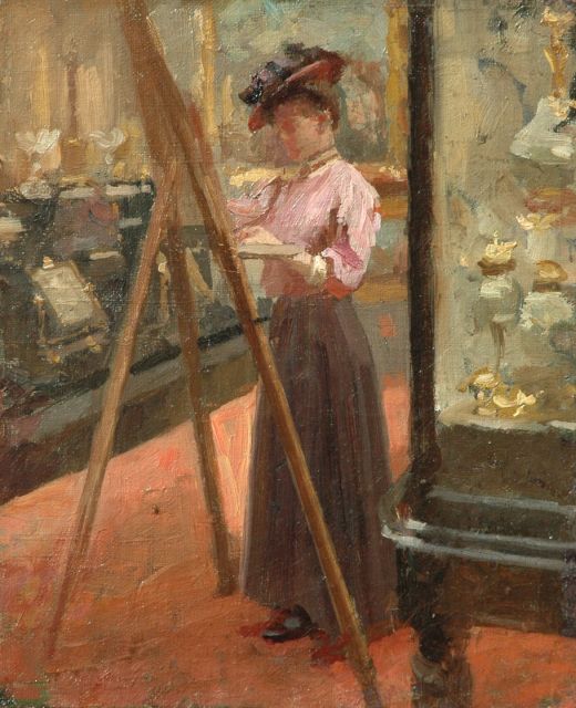 Engelse school, eind 19e eeuw   | De impressioniste, olieverf op doek 27,0 x 22,3 cm
