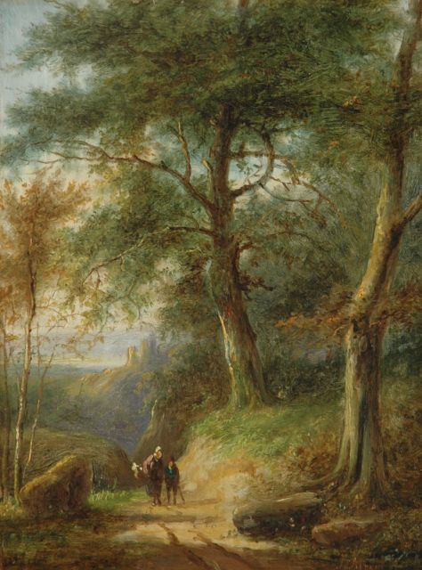 Jan Evert Morel II | Boerenvrouw en kind op een bospad, olieverf op paneel, 21,5 x 15,9 cm, gesigneerd r.o.