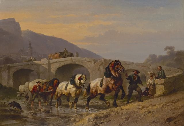 Wouterus Verschuur | Werkpaarden bij een brug, olieverf op paneel, 69,0 x 100,5 cm, gesigneerd r.o.