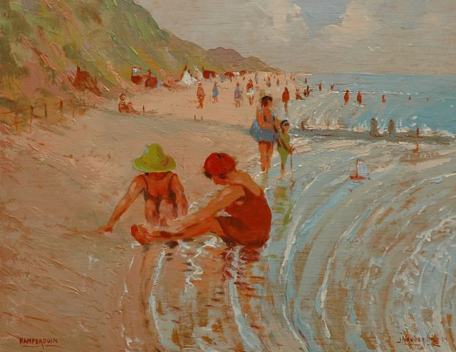 Bilt J.F.W. van der | Spelende kinderen op het strand van Kamperduin, olieverf op paneel 34,7 x 45,0 cm, gesigneerd r.o. en gedateerd '34