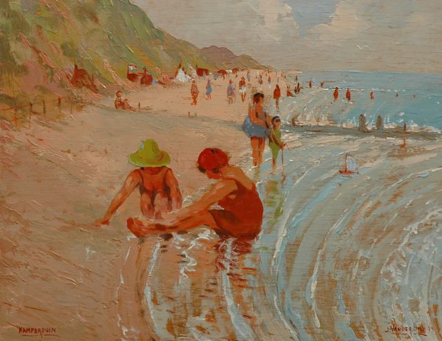 Johan van der Bilt | Spelende kinderen op het strand van Kamperduin, olieverf op paneel, 34,7 x 45,0 cm, gesigneerd r.o. en gedateerd '34