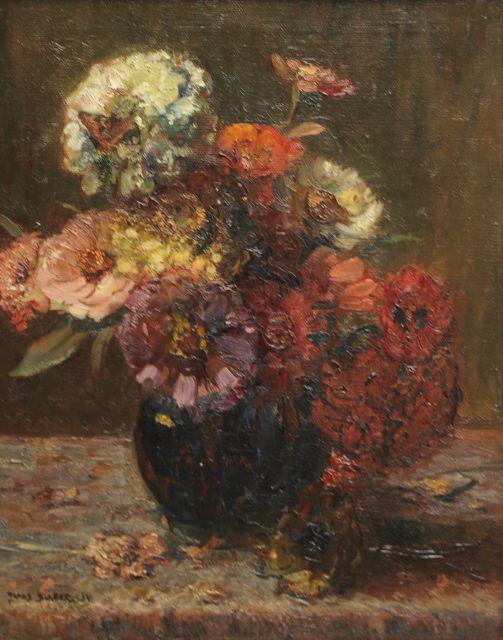 Frans Slager | Stilleven met zinnia's en vlinder, olieverf op doek, 50,1 x 40,3 cm, gesigneerd l.o. en gedateerd '34