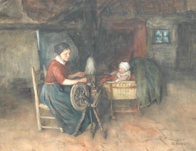 Albert Neuhuys | Jonge boerenvrouw aan het spinnewiel met baby in wiegje, aquarel op papier op board, 52,3 x 67,5 cm, gesigneerd r.o.
