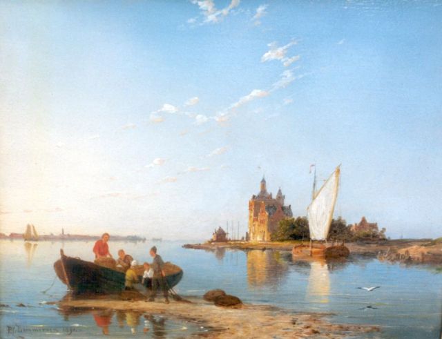Pieter Cornelis  Dommershuijzen | Vissersvolk op een zandbank voor Serooskerke, olieverf op paneel, 20,0 x 25,2 cm, gesigneerd l.o. en gedateerd 1891