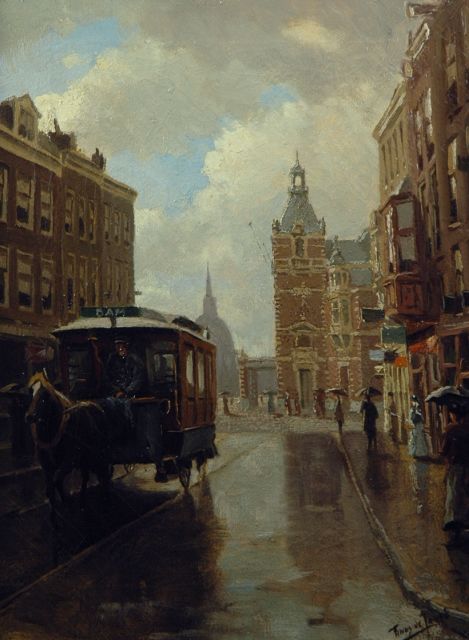 Tinus de Jongh | De Leidsestraat in Amsterdam met de Stadsschouwburg in de verte, olieverf op doek, 40,2 x 30,3 cm, gesigneerd r.o.