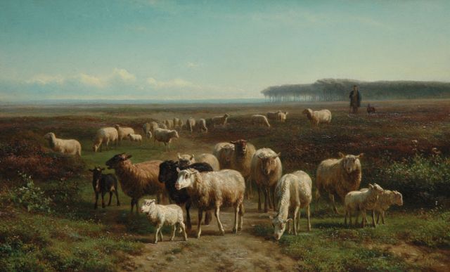 Jan Bedijs Tom | Schaapskudde op de hei, olieverf op paneel, 28,2 x 45,8 cm, gesigneerd r.o. en gedateerd 1866