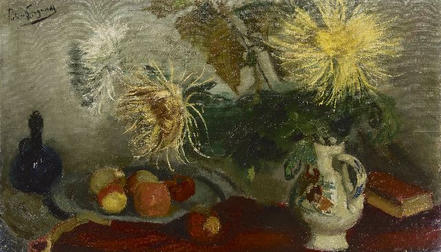 Piet van Wijngaerdt | Chrysanten en vruchten, olieverf op doek, 70,0 x 119,9 cm, gesigneerd l.b. en verso
