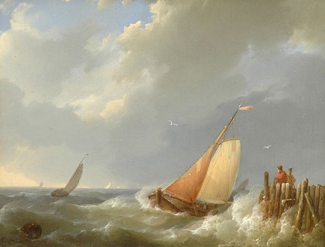 Hermanus Koekkoek | Laverende schepen bij een havenhoofd, olieverf op paneel, 11,9 x 14,7 cm, gesigneerd l.o. met initialen