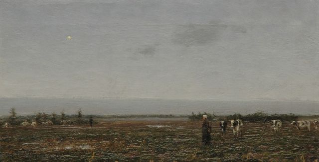 Evert Pieters | Herderin met koeien in weidelandschap, olieverf op doek, 18,8 x 36,0 cm, gesigneerd l.o.