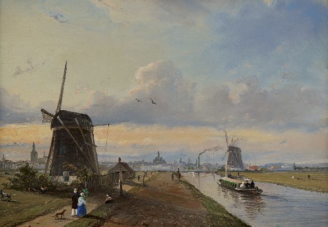 Jan Heppener | De Vliet met zicht op Den Haag met stoomtrein rechts, olieverf op paneel, 14,4 x 20,7 cm