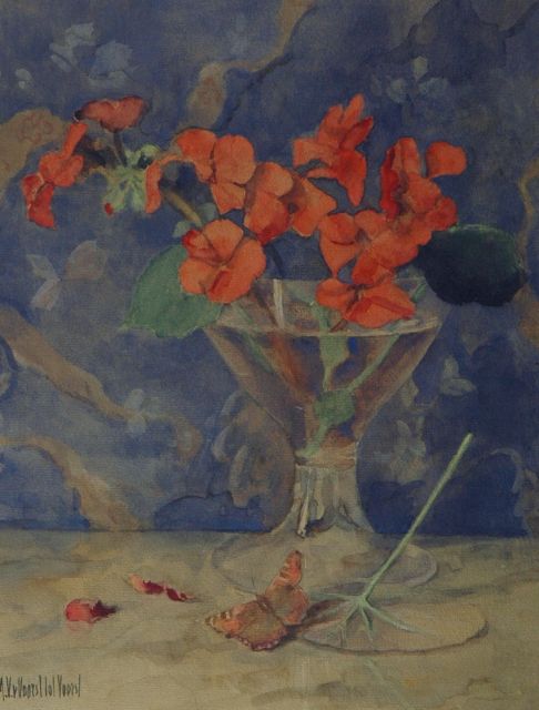 Marie Victoire Elisabeth Josepha Augusta van Voorst tot Voorst | Geraniumtakje in een glas, aquarel op papier, 35,3 x 29,0 cm, gesigneerd l.o.