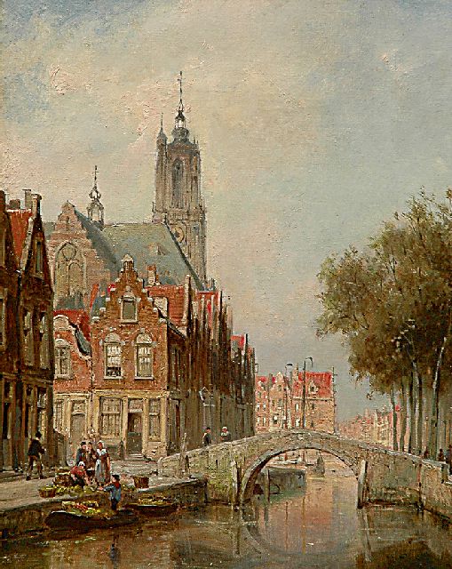 Cornelis Christiaan Dommelshuizen | Gezicht op de Langegracht in Amersfoort met de O.L. Vrouwetoren, olieverf op doek, 38,4 x 31,2 cm, gesigneerd r.o. en gedateerd '97