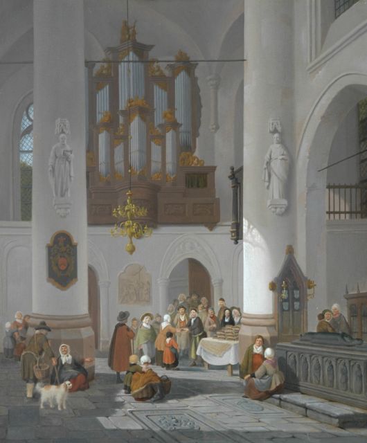 Jan Hendrik Verheijen | Kerkinterieur met brooduitdeling aan de armen, olieverf op paneel, 40,8 x 34,0 cm, gesigneerd r.o.