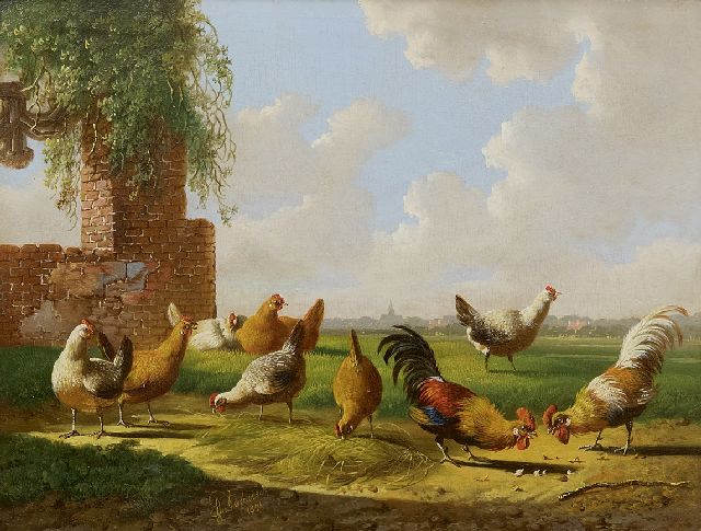 Albertus Verhoesen | Het hanengevecht, olieverf op paneel, 17,9 x 23,6 cm, gesigneerd m.o. en gedateerd 1871
