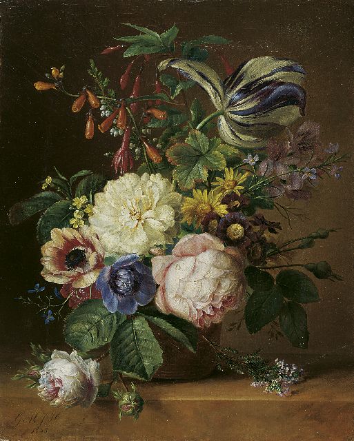 Huidekoper G.M.J.  | Pronkstilleven met rozen, tulpen en anemonen, olieverf op doek 37,5 x 30,5 cm, gesigneerd l.o. met initialen en gedateerd 1845