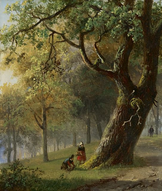 Nicolaas Roosenboom | Landvolk in een boslandschap, olieverf op paneel, 15,4 x 13,0 cm, gesigneerd m.o.