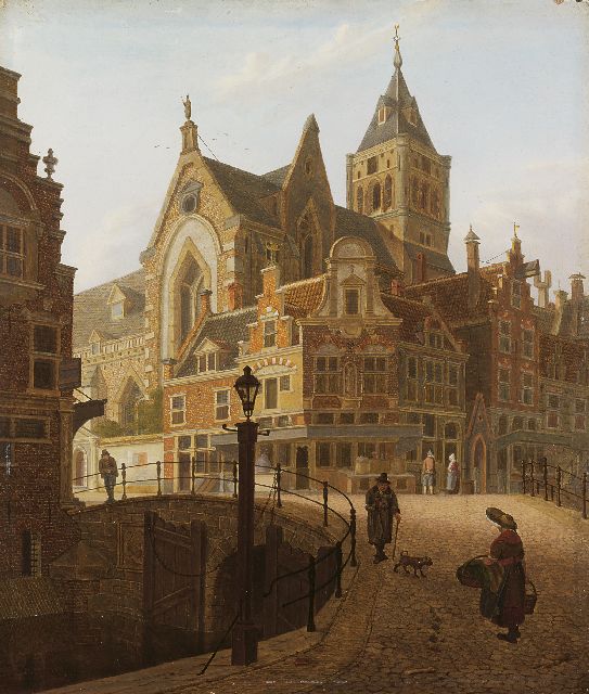 Jan Hendrik Verheijen | Stadsgezicht met wandelaars op een brug, olieverf op paneel, 24,2 x 20,9 cm, gesigneerd l.o. en gedateerd 1813