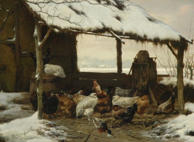 Eugène Remy Maes | Haan met kippen onder een besneeuwd afdak  (alleen tezamen met zomer), olieverf op paneel, 26,6 x 36,0 cm, gesigneerd r.o.