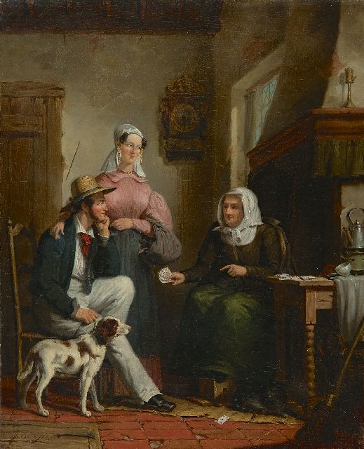 Moritz Calisch | Bij de waarzegster, olieverf op doek, 53,3 x 43,5 cm, gesigneerd l.o. en gedateerd 1856