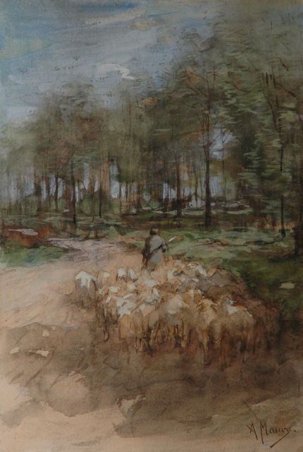 Anton Mauve | Naar de heide: schaapherder met zijn kudde, aquarel en gouache op papier, 49,7 x 34,2 cm, gesigneerd r.o.
