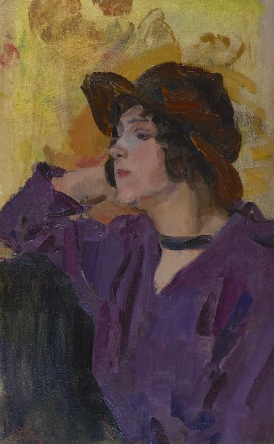 Isaac Israels | Vrouw in paarse blouse voor Zonnebloemen van Van Gogh, olieverf op doek, 65,1 x 40,5 cm, gesigneerd l.o. en te dateren ca. 1917