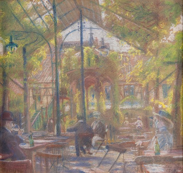 Due O.W.S.  | Tuincafé in Kopenhagen, pastel op papier 49,3 x 55,0 cm, gesigneerd r.o. en gedateerd 1909