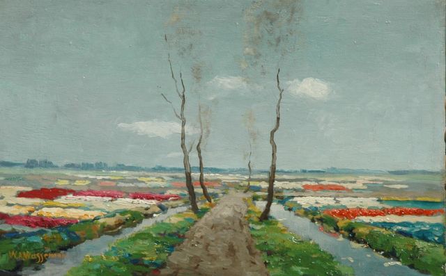 Willem Abraham Wassenaar | Bollenvelden in bloei, olieverf op paneel, 25,1 x 40,0 cm, gesigneerd l.o.