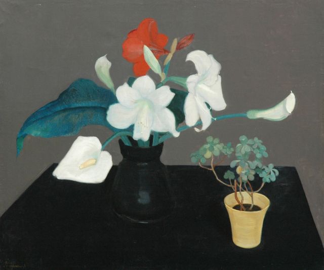 Herman Vreedenburgh | Bloemen in zwarte pot, olieverf op doek, 59,4 x 69,7 cm, gesigneerd l.o. en gedateerd 1927