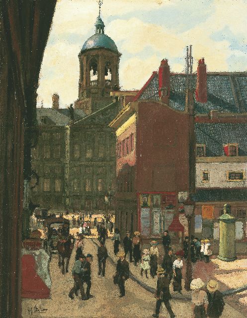 Gerard Johan Staller | De Damstraat en het Koninklijk Paleis in Amsterdam, olieverf op doek, 50,5 x 39,5 cm, gesigneerd l.o.