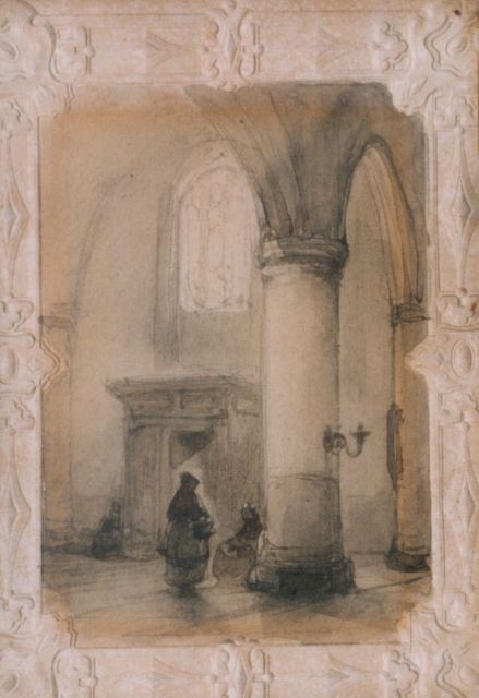 Johannes Bosboom | Kerkintieur, aquarel op papier, 15,0 x 9,0 cm