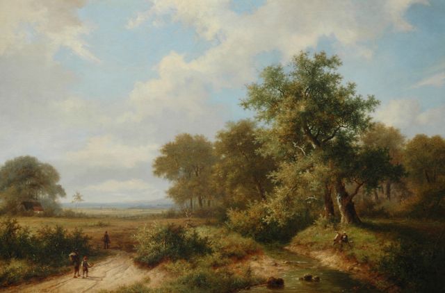 Hendrik Pieter Koekkoek | Vissers en landvolk langs de bosrand, olieverf op doek, 66,6 x 100,5 cm, gesigneerd l.o.