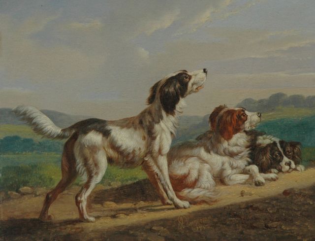 Albertus Verhoesen | Drie setters, olieverf op paneel, 13,5 x 17,4 cm, gesigneerd m.o. en gedateerd 1873