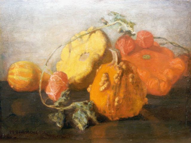 Marie Wandscheer | Stilleven met kalebassen, olieverf op paneel, 30,0 x 41,0 cm, gesigneerd l.o.