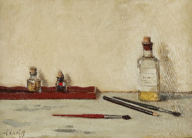 Marie van Regteren Altena | Stilleven van schildersattributen, olieverf op doek, 36,1 x 52,0 cm, gesigneerd l.o. met initialen en gedateerd '27