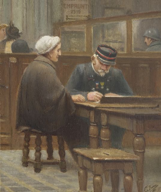 G. Duran | Bij de bank van lening, olieverf op paneel, 43,1 x 36,1 cm, gesigneerd r.o. en gedateerd 1910