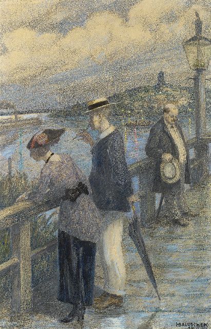 Hans Baluschek | Paartje op een brug, krijt en gouache op papier, 48,5 x 33,0 cm, gesigneerd r.o. en gedateerd '14