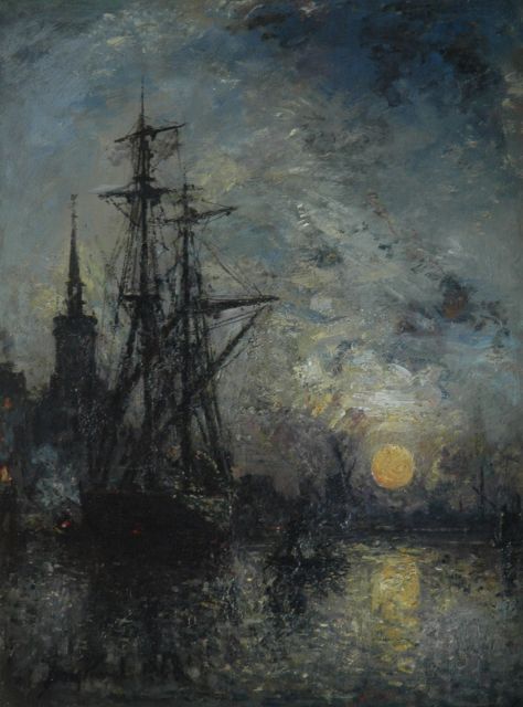 Johan Barthold Jongkind | De Oude Haven van Rotterdam bij de oude Hooftpoort, bij nacht, olieverf op doek, 43,1 x 32,4 cm, gesigneerd l.o. en gedateerd '68