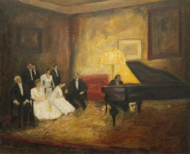 Fritz Overbeck | Muziekavond, olieverf op board, 40,1 x 49,7 cm, gesigneerd r.o.