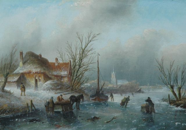 Jacob Jan Coenraad Spohler | Winterlandschap met schaatsers en sledes bij een ingevroren schuit, olieverf op paneel, 20,5 x 29,0 cm, gesigneerd l.o.