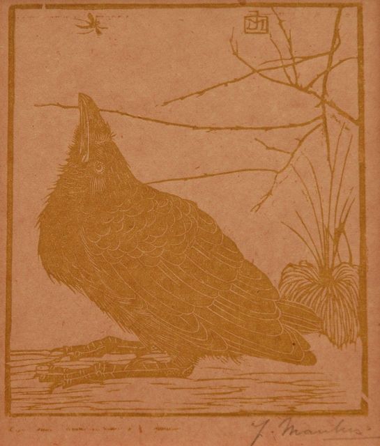 Jan Mankes | Kraai, omhoog kijkend naar mugje, houtsnede op gekleurd Japans papier, 11,8 x 10,2 cm, gesigneerd met mon. in het blok en r.o. voluit (in potlood) en te dateren 1918